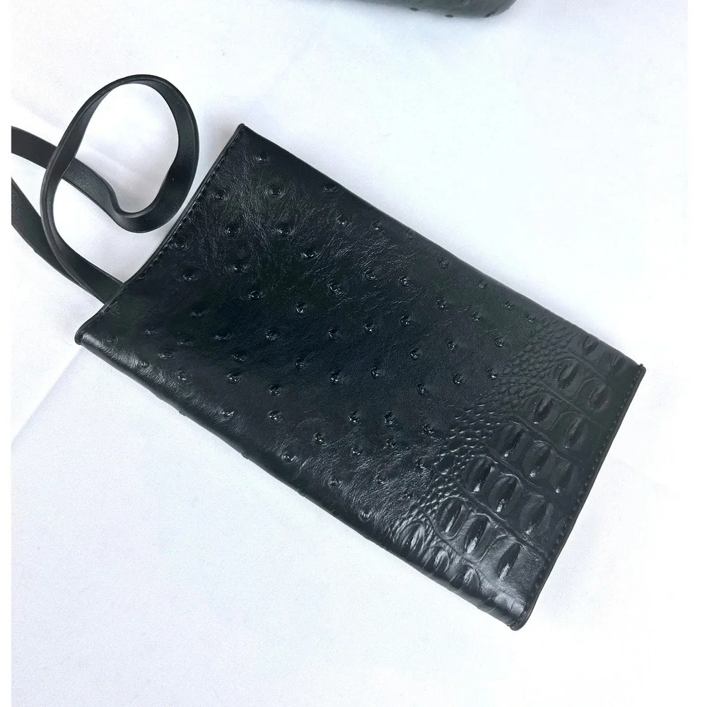 Black faux Ostrich/Croc Embossed Satchel Handbag w/ Tassel‎ & Matching Pouch Set
